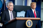 President Donald J. Trump listens as White House medical advisor Dr. Scott Atlas delivers his remarks during a press conference Wednesday, Sept. 16, 2020, in the James S. Brady Press Briefing Room of the White House. Tia Dufour